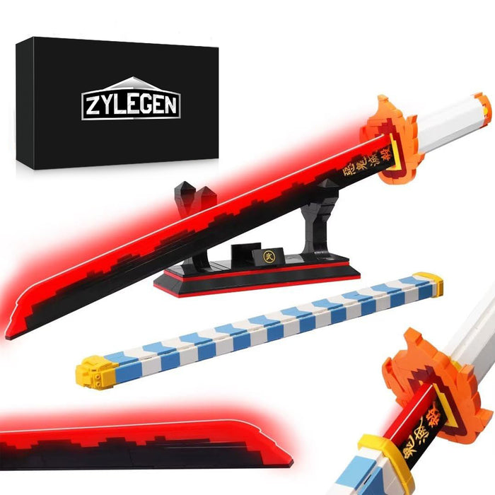 ZYLEGEN Demon Slayer Sword, 27in Rengoku Kyoujurou Sword Building Block with Scabbard and Stand, Cosplay Anime Sword Toy Building Set for Collecting and Gifting 790 Pieces (Compatible with Lego) Luminous
