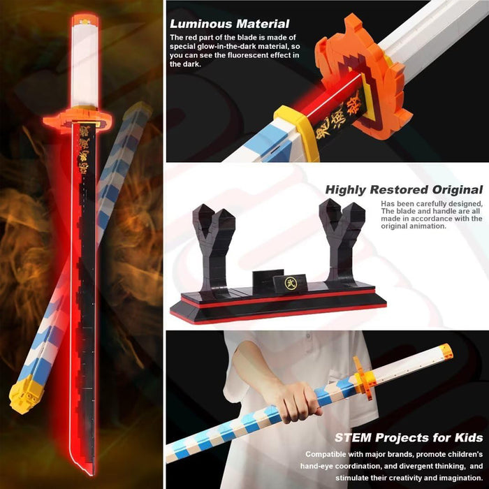 ZYLEGEN Demon Slayer Sword, 27in Rengoku Kyoujurou Sword Building Block with Scabbard and Stand, Cosplay Anime Sword Toy Building Set for Collecting and Gifting 790 Pieces (Compatible with Lego) Luminous