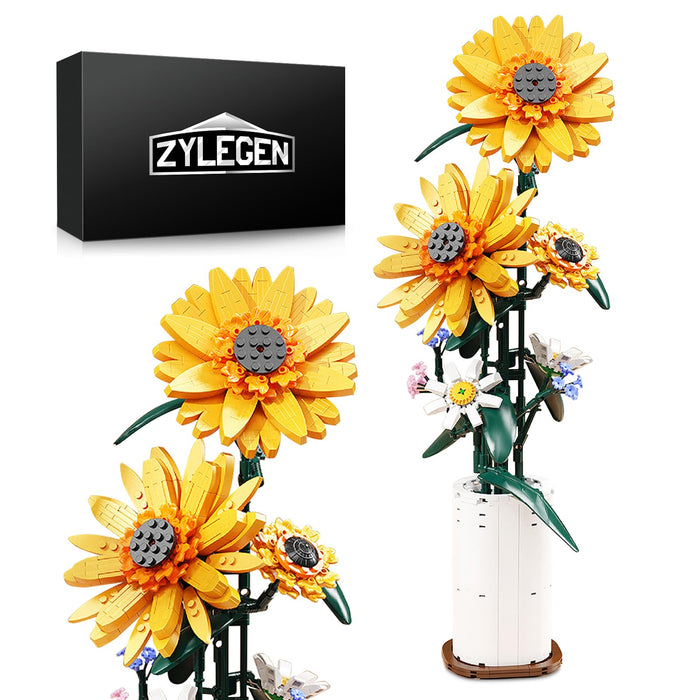 ZYLEGEN Sunflower Building Toy Set,Botanical Collection Building Blocks Set for Home/Office Desk Décor,Artificial Flowers with Vase,Creative Gift for Birthday,Halloween and Christmas(821Pcs)