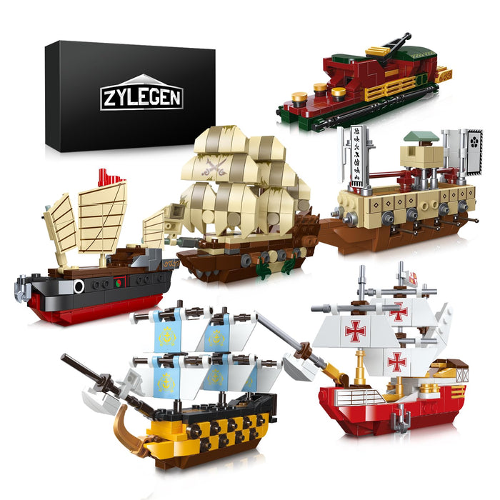 ZYLEGEN 6-in-1 Pirates Ship Building Blocks Set, MOC Battleships Sailboat Model Construction Set to Build,Creative Playset Pirates Themed Gifts for Boy Kids,Idea Gift for Halloween Christmas(6 Pack)