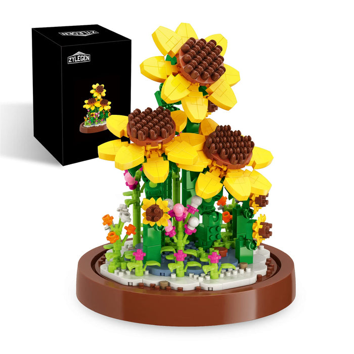 ZYLEGEN Sunflower Bouquets Building Blocks Flower Set,Mini Bricks Building Toys with Glass Dome for Home/Office Desk Décor,Idea Housewarming Gifts for Women Adults,Not Compatible with Lego(553Pcs)