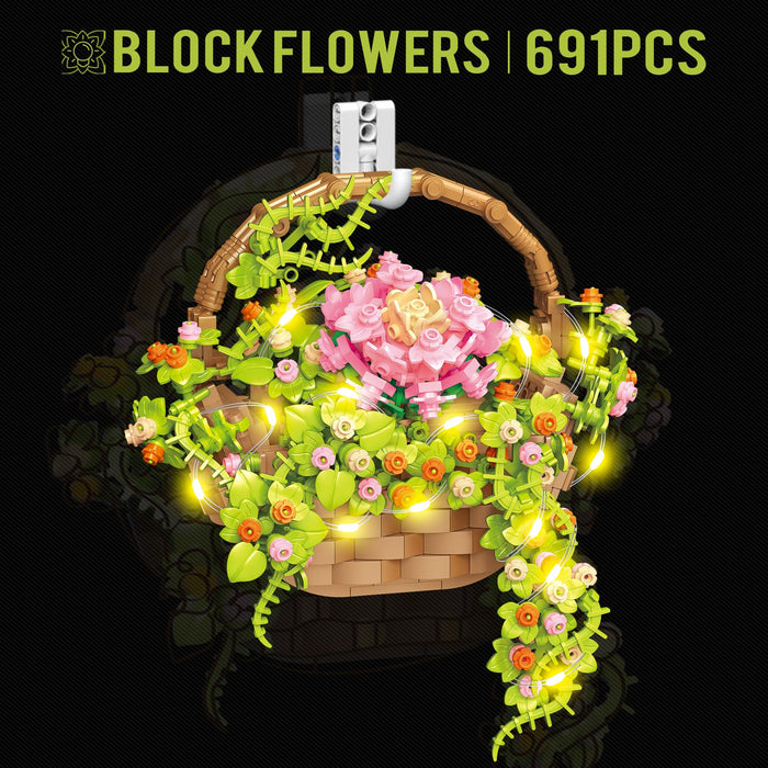 ZYLEGEN Bonsai Flowers Building Kit with Basket and Flower Basket Hook,DIY Plant Flower Bouquet Building Blocks,Artificial Succulent Orchid Botanical Collection Table Wall Home Decor Gift(691Pcs)