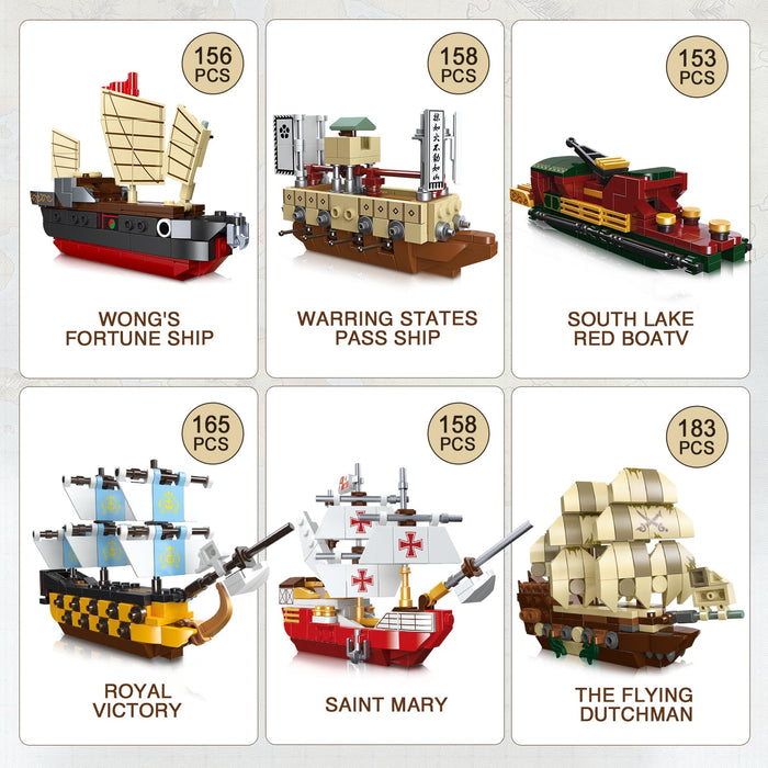 ZYLEGEN 6-in-1 Pirates Ship Building Blocks Set, MOC Battleships Sailboat Model Construction Set to Build,Creative Playset Pirates Themed Gifts for Boy Kids,Idea Gift for Halloween Christmas(6 Pack)