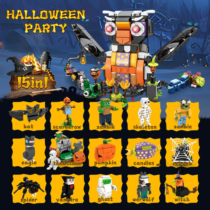 ZYLEGEN15-in-1 Halloween Mini Building Toy Set for Kids,Pumpkin Witch Ghost Owl Spider Skeleton Figures Building Blocks Halloween Party Favors Goodie Bags Stuffers Gift for Kids Boys Girls(458Pcs)