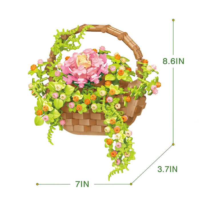 ZYLEGEN Bonsai Flowers Building Kit with Basket and Flower Basket Hook,DIY Plant Flower Bouquet Building Blocks,Artificial Succulent Orchid Botanical Collection Table Wall Home Decor Gift(691Pcs)