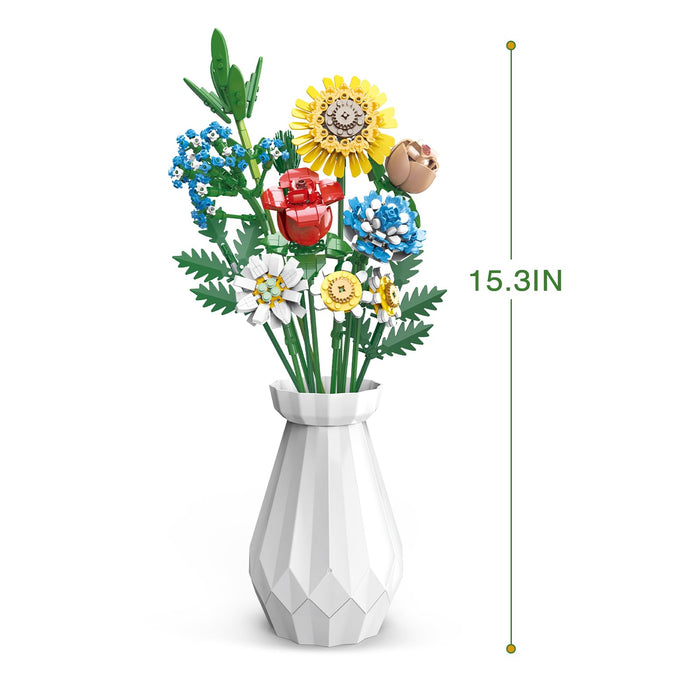 ZYLEGEN Wildflower Bouquet with Vase Building Set, Artificial Flowers with Roses,Sunflower Building Kits, Gift Idea for Him and Her, Botanical Collection and Home Décor for Women,Girls,Mom(600Pcs)